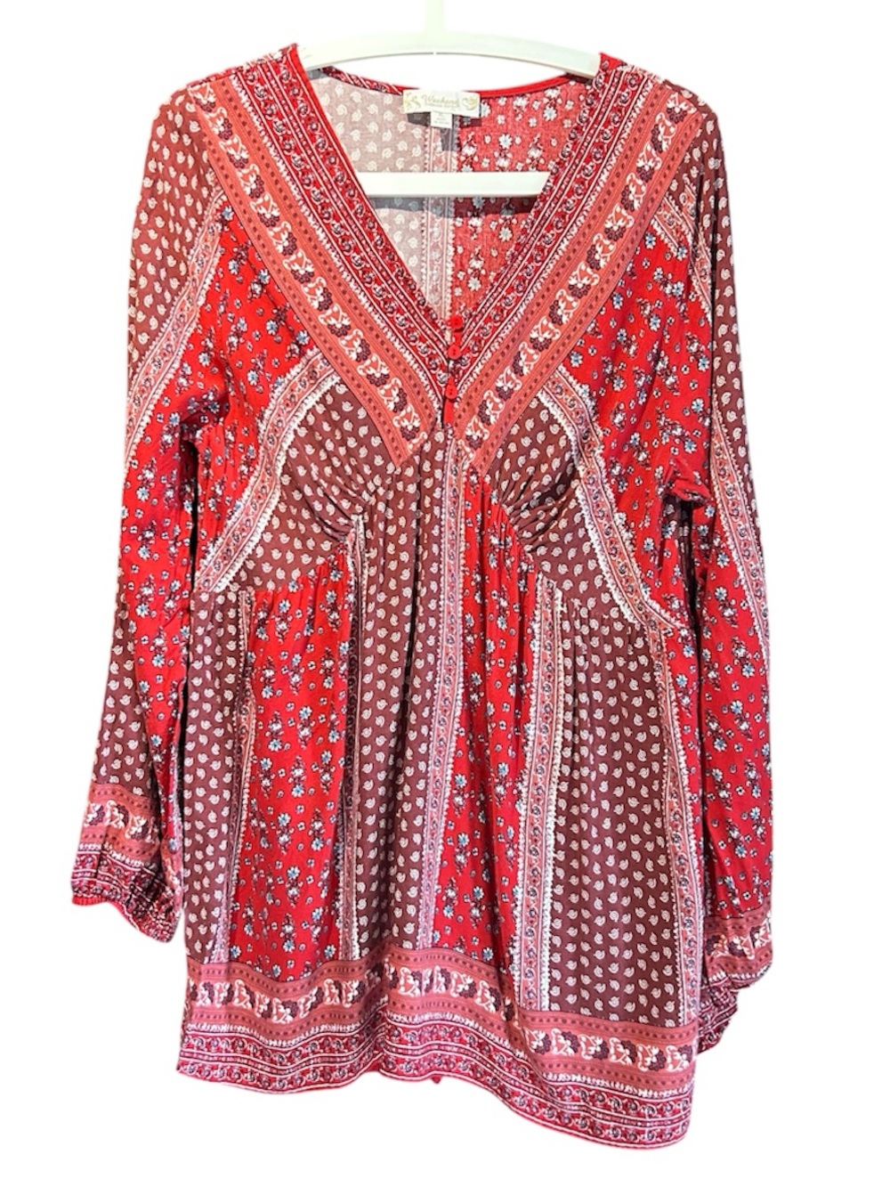 Suzanne Betro Red Floral Boho V-Neck Tunic